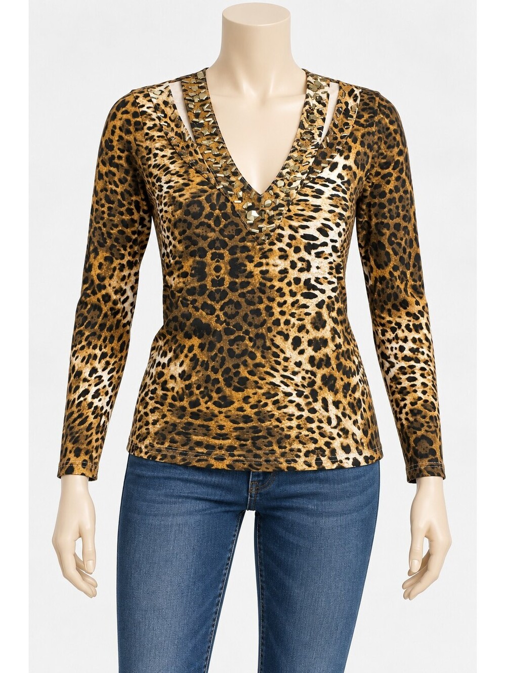 Womens Leopard Print Long Sleeve V-Neck Top with Studded